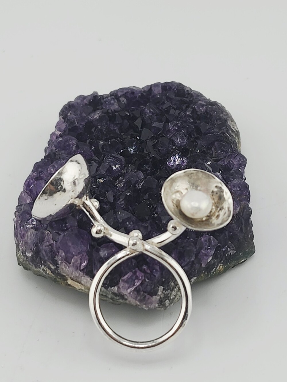 UNIQUE 2 FLOWER POT RING HANDMADE WITH STERLING SILVER AN A PEARL SIZE 8 - Picture 13 of 16